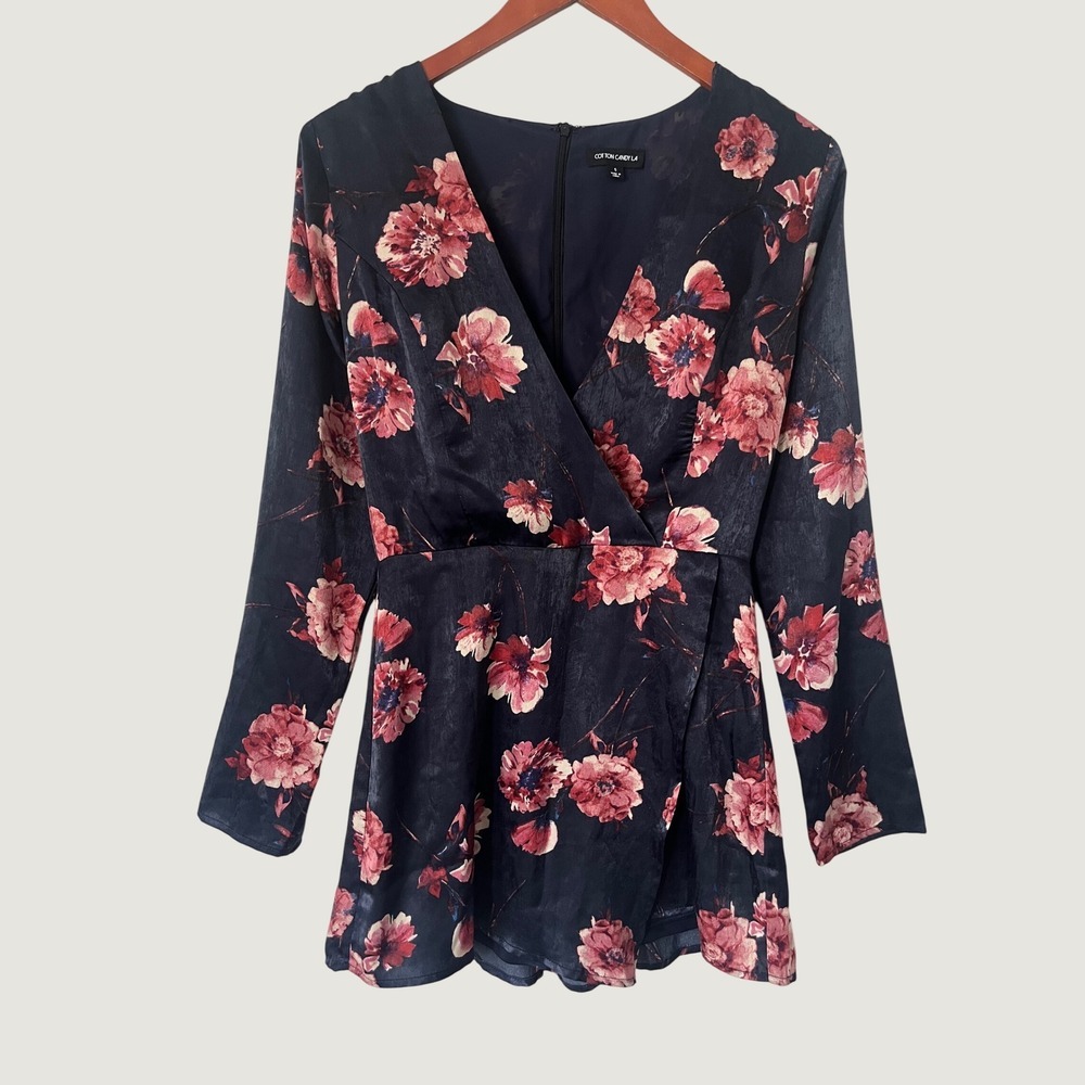 Cotton Candy LA Navy Floral Satin Long Sleeve Romper Dark Romantic Boho Small